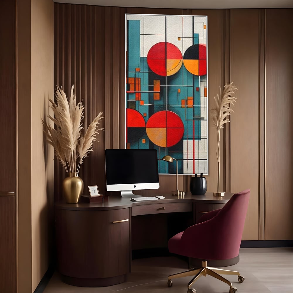 Tablou canvas cu tablou canvas cu cercuri geometrice, in rama de aluminiu argintiu, pe perete intr-un birou